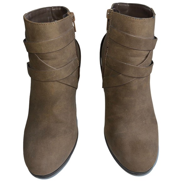 Suede Brown Heeled Strappy Buckle Zippered Womens 8 Ankle Boots Booties - Picture 10 of 14